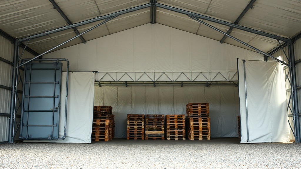 Blick in ein weißes Lagerzelt mit Stahlgestänge und gestapelten Holzpaletten